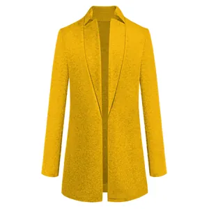 Detailed view of mustard yellow stand-collar woolen coat with high-quality felt texture