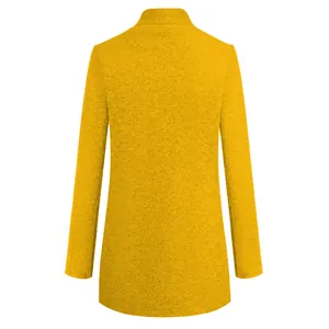 Back view of a vibrant yellow stand-up collar wool coat with soft textured fabric detail