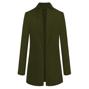 Front view of an army green woolen coat with a stylish and elegant stand-up collar design