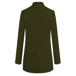 Detailed back view of a classic olive green wool coat featuring a stylish stand-up collar