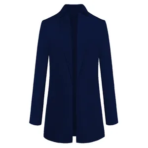 Detailed close-up view of a solid navy blue stand collar woolen coat for women
