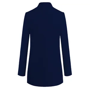 Back view of navy blue stand-collar wool coat with clean minimalist lines