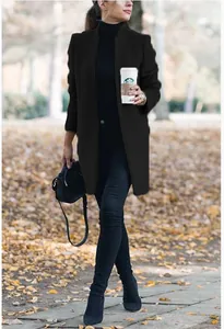 Elegant women's black wool coat featuring a stand collar for stylish autumn winter outfits.