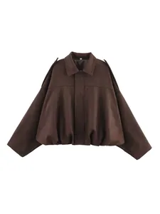 Elegant brown faux suede bomber jacket with turn-down collar and voluminous hem design