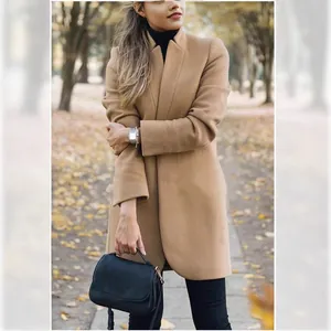 Elegant camel wool coat with stand collar for women, stylish autumn street fashion style