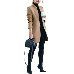 Elegant women's camel wool coat with stand collar design for autumn and winter fashion styles