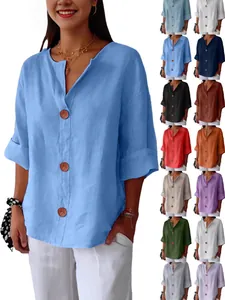 Dames Katoen Linnen V-hals T-shirt Losse Casual Halve Mouw Top Met Houten Knopen Effen Kleur Basic Blouse Mode Zomerkleding