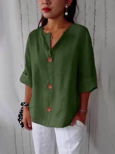 Losse donkergroene katoenen linnen blouse met V-hals en decoratieve knopen voor dames