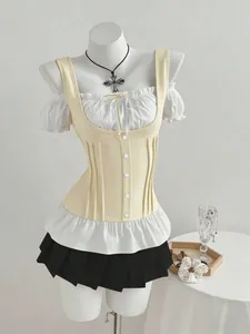 Patchwork corset-style top with puff sleeves and bow detail, slim fit chic feminine design