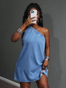 Women's stylish light blue one-shoulder denim mini dress for casual summer outings and parties