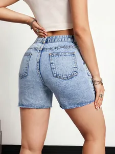 Back view detail of women's light blue denim shorts with frayed hem and classic pockets