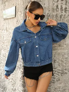 Trendy women's loose fit short denim jacket with puff sleeves and metal buttons details