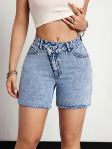 Women Fashion Cross Waist Denim Shorts High Waisted Raw Hem Jean Shorts Casual Cotton Summer Bottoms Streetwear For Ladies