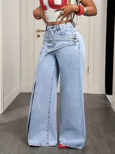 Detailed shot of stylish light blue wide-leg jeans with unique asymmetrical waist flap