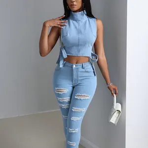 Sexy light blue sleeveless denim crop top with side ties and high neck collar design