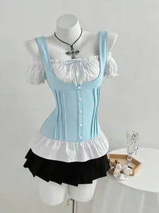 Close-up detail of the stylish light blue corset vest with bow and white ruffled blouse