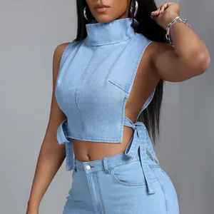 Sexy light blue denim side-tie sleeveless crop top with high turtleneck for women