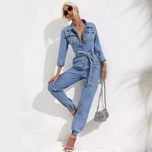 Fashionable long-sleeved denim jumpsuit with adjustable waist belt for women casual wear