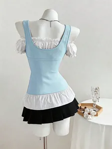 Detailed view of a blue and white patchwork off-shoulder slim t-shirt for women