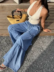 Pantalon en jean évasé à plusieurs niveaux pour femme avec taille élastique et cordon