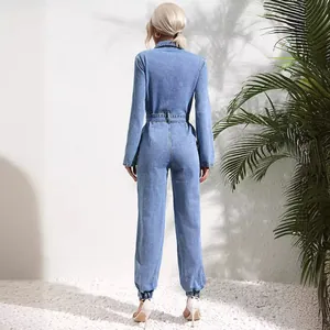 Stylish long sleeve light blue denim jumpsuit for women back view