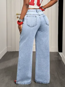 Detailed back view of trendy light blue wide leg high-waisted denim jeans for women