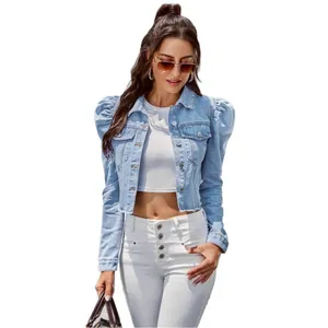 Fashionable light blue puff sleeve cropped denim jacket for women with frayed hem