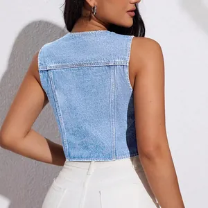 Back view of a light blue washed denim vest for women, sleeveless cropped summer top