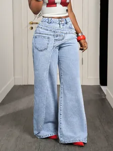 Detailed shot of high-waisted wide-leg denim jeans with unique overlapping front