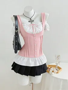 Sweet style pink corset vest and black pleated skirt outfit on a white mannequin