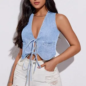 Sexy deep V-neck denim vest for women with front tie closure in light blue wash finish