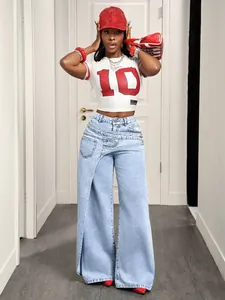Women's trendy wide-leg denim jeans featuring a unique asymmetric layered waist design.