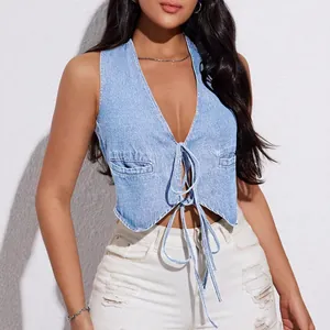 Sexy light blue deep V-neck denim cropped vest top with front tie closure for women