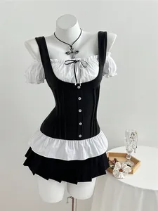 Chic Gothic Lolita style black and white patchwork corset top with ruffled puff sleeves