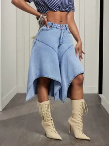 Detailed view of women's light blue irregular handkerchief hem denim skirt pants