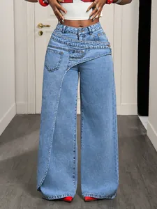 Close-up of women's trendy wide-leg jeans featuring unique asymmetrical layered waist design