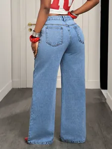 Rear view detail of high-waisted wide-leg light blue denim jeans with functional back pockets