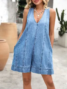 Casual light wash denim V-neck romper with a sleeveless, relaxed A-line silhouette.