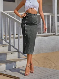 Stylish high-waist grey denim midi skirt with side buttons and irregular split hem detail