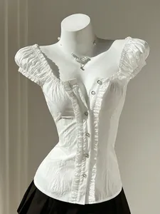 Women Sweet Puff Sleeve Shirt Lace-up Back Slim Fit Polyester Blouse Top Square Neck Ruffle Short Sleeve Fashion Shirt
