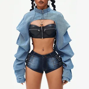 Fashionable street style ultra-short denim shrug with ruffled sleeves and shorts set