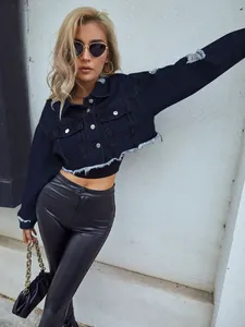 Modische kurze Jeansjacke in Marineblau mit Used-Look-Details und offenem Saum