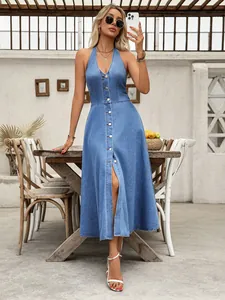Chic halter neck denim midi dress with button-down front and a stylish split hem