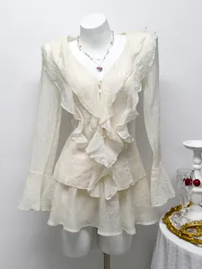 Women French Elegant Ruffle Chiffon Shirt And Skort Set Niche Design V-Neck Flared Sleeve Top And Bottom Summer Outfit