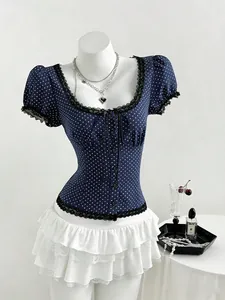 Vintage Polka Dot Square Neck Blouse Lace Trim Slim Fit Puff Sleeve Corset Top For Women Elegant Summer Casual Button Shirt