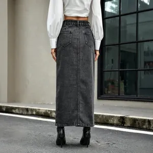 Retro high-waisted washed black denim maxi skirt with back pocket details
