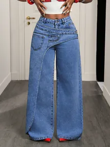 Detailed view of high waist wide leg denim jeans with unique asymmetric overlap design