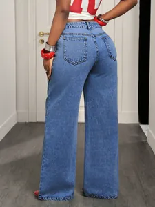 Detailed back view of trendy high-waisted blue wide-leg denim jeans for women