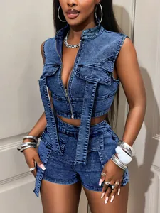 Sexy two-piece denim set featuring a sleeveless zip vest and high-waist shorts