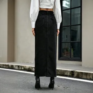 Elegant vintage high-waisted black denim maxi skirt with rear slit and pocket detail